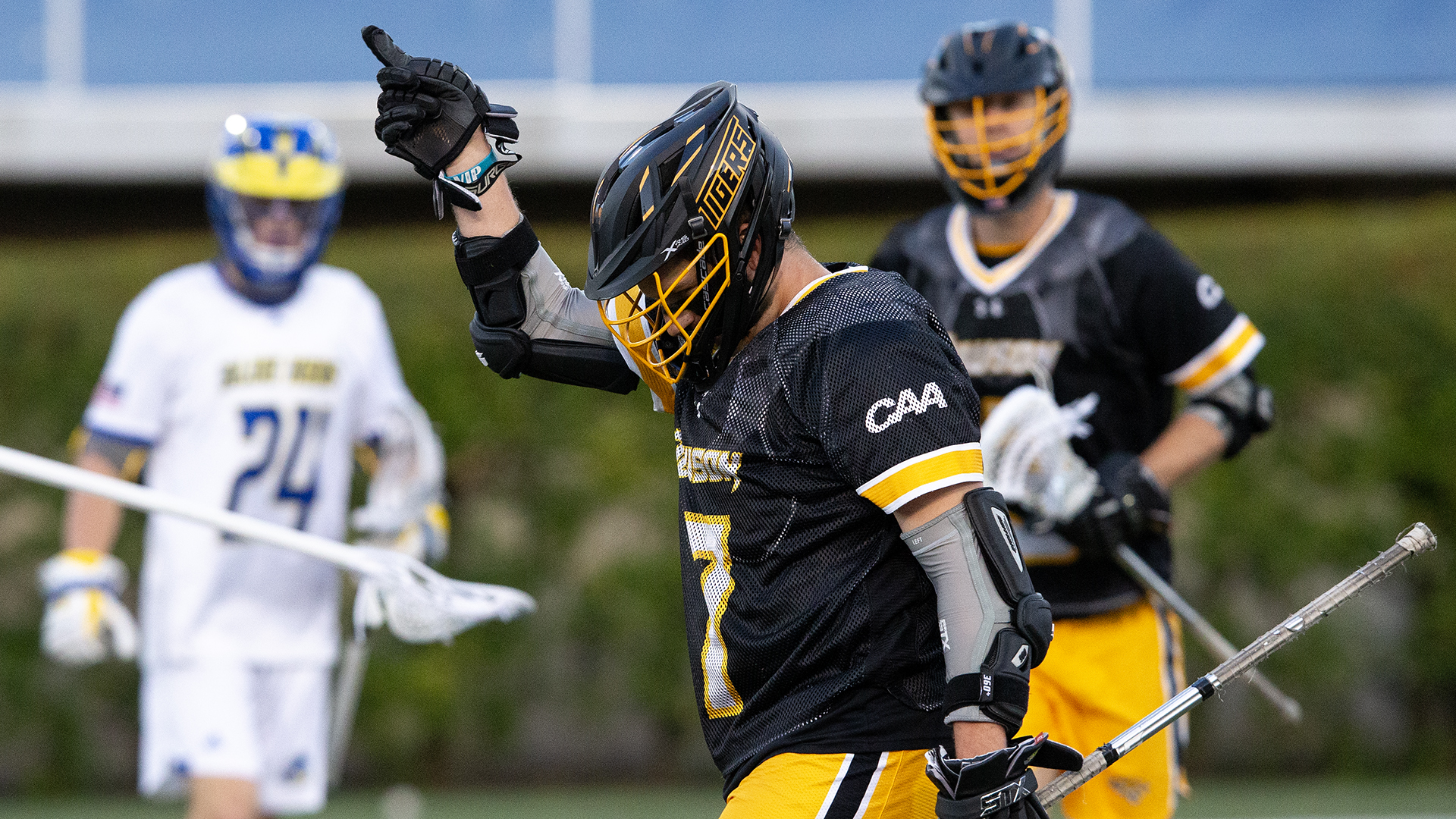 Towson's Nick DiMaio celebrates after scoring one of his three goals at Delaware on Friday.